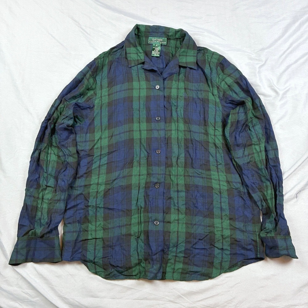 Lauren Ralph Lauren Rayon Shirt Women Button Up M Green Blackwatch Plaid Top
